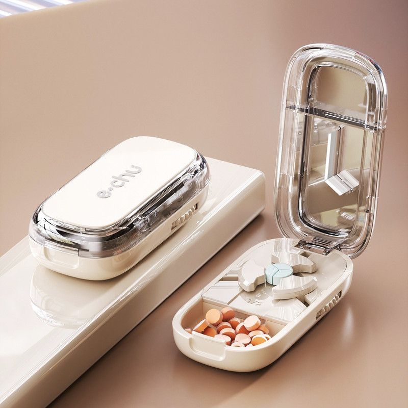 2-in-1 Pill Cutter with Storage Case, 1/2 & 1/3 Equal Parts Adjustable Tablet Splitter, Portable Travel Medicine Box - White