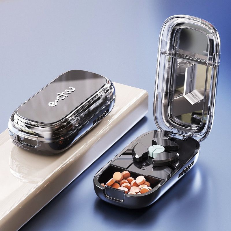 2-in-1 Pill Cutter with Storage Case, 1/2 & 1/3 Equal Parts Adjustable Tablet Splitter, Portable Travel Medicine Box—Black