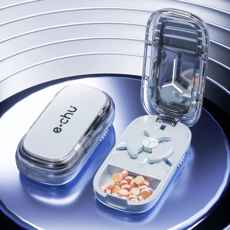 2-in-1 Pill Cutter with Storage Case, 1/2 & 1/3 Equal Parts Adjustable Tablet Splitter, Portable Travel Medicine Box—Blue