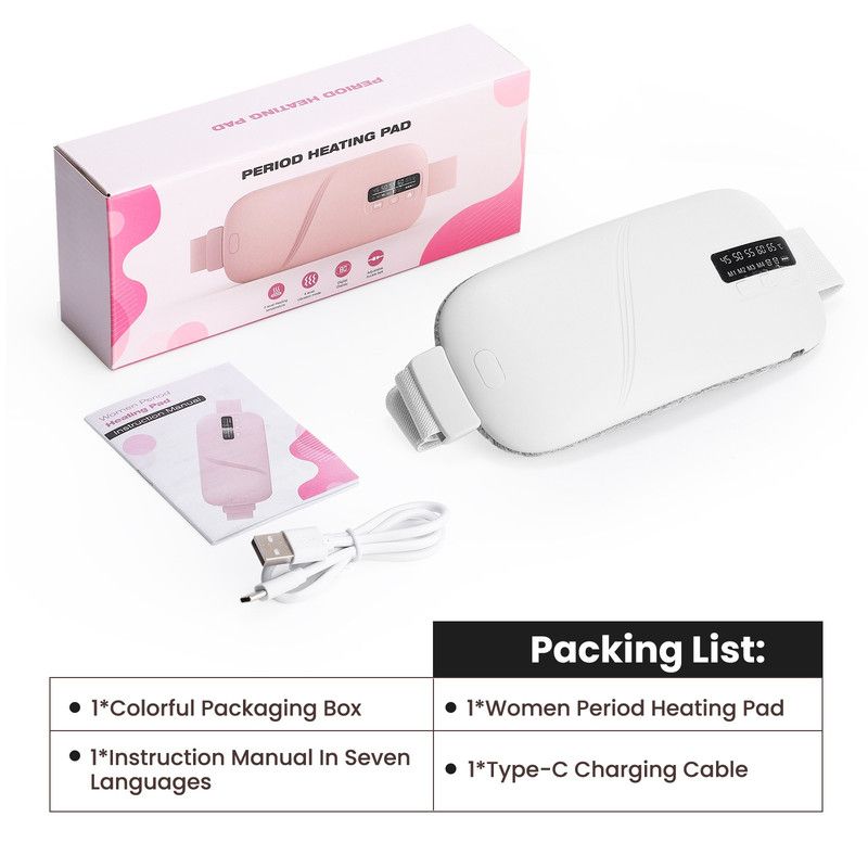 LED Display Period Heating Belt for Women, 5 Heat Settings & 4 Vibration Modes Wireless Menstrual Cramp Relief Waist Heating Pad - White