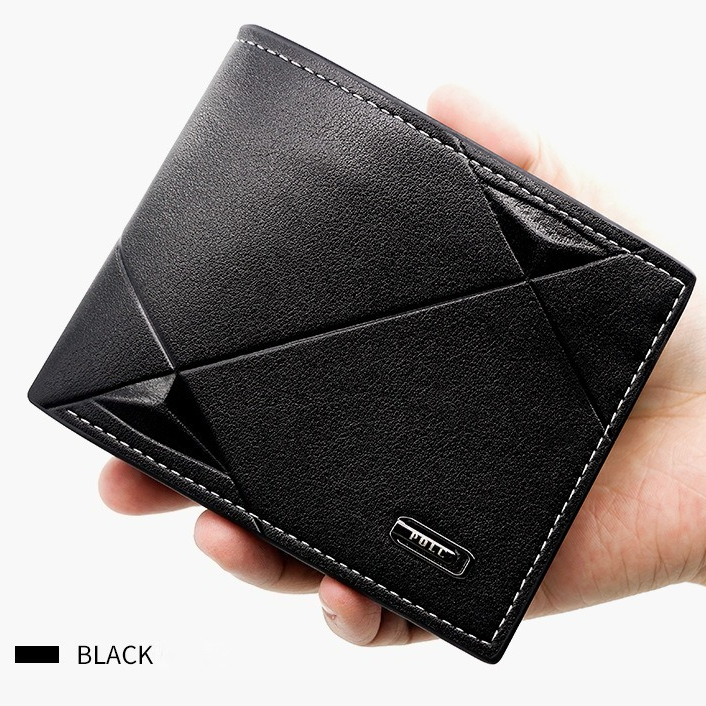 Men's Short Bifold PU Wallet, Geometric Embossed Billfold with Multiple Card Slots and Zipper Coin Pocket for Business, Casual, and Daily Use - Black