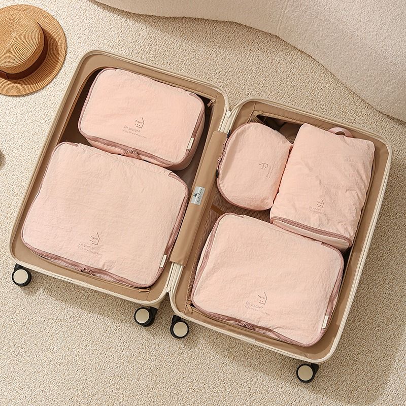 5-Piece Travel Packing Cube Set, Wrinkle-Resistant Nylon Luggage Organizer Bags with Cosmetic Bag & Shoe Bag for Clothing and Toiletries Storage - Pink