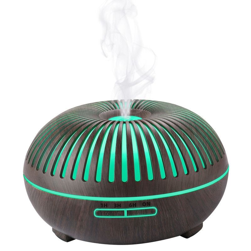 550ML Wood-Grain Aroma Diffuser and Humidifier with Bluetooth Speaker, 7-Color LED Night Light, Remote Control, Timer, and Auto Shut-Off – Dark Wood