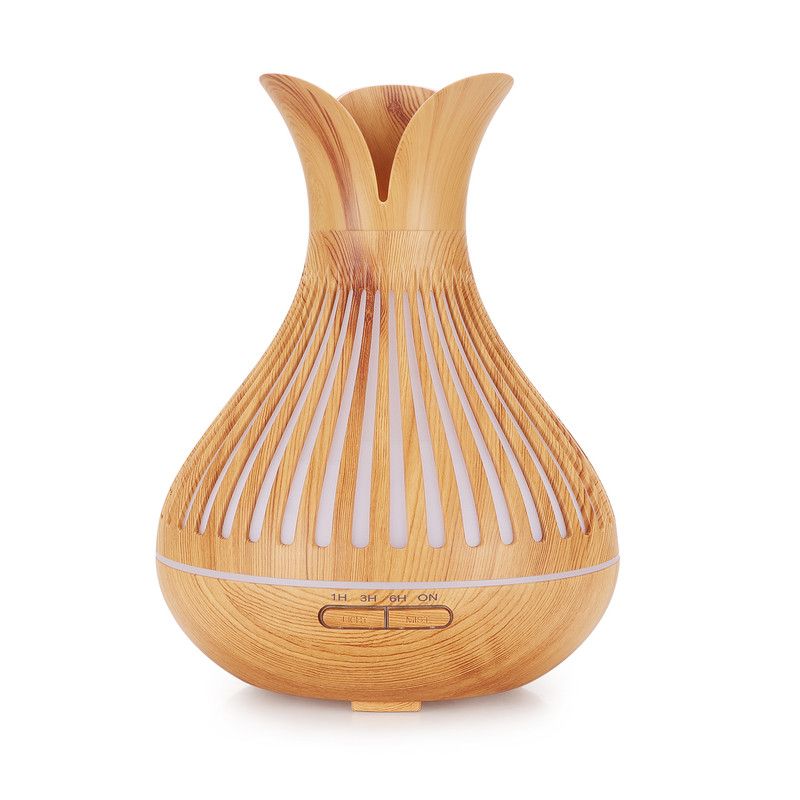 Wood Grain Flower Vase Diffuser and Humidifier, 7-Color LED Light, Timer, and Remote Control, 500 mL Ultrasonic Aroma Diffuser—Light Wood