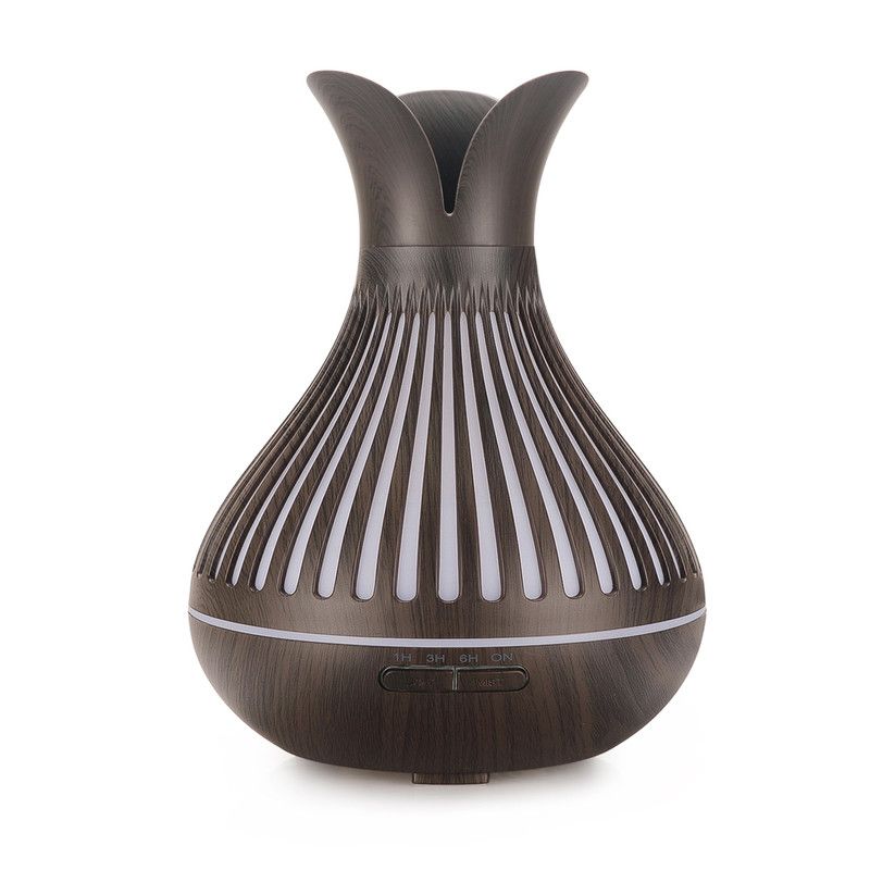 Wood Grain Flower Vase Diffuser and Humidifier, 7-Color LED Light, Timer, and Remote Control, 500 mL Ultrasonic Aroma Diffuser—Dark Wood
