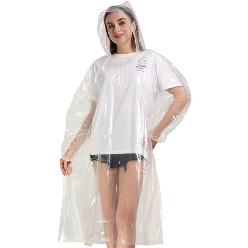 6-Pack - Disposable Thickened PE Rain Poncho, Waterproof Raincoat with Drawstring Hood & Elastic Cuffs, for Hiking, Concerts, and Outdoor Activities - Clear