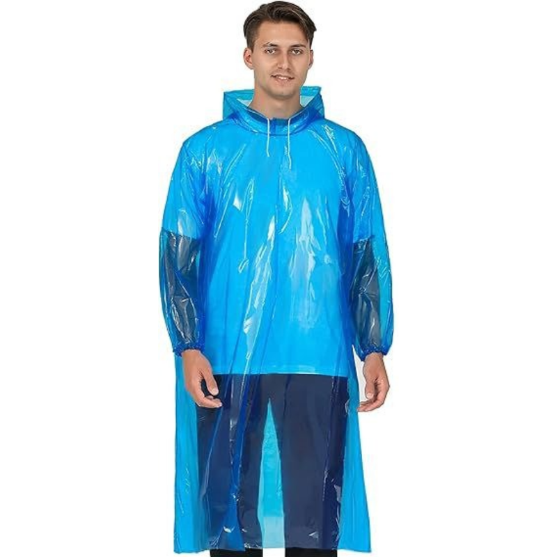 6-Pack - Disposable Thickened PE Rain Poncho, Waterproof Raincoat with Drawstring Hood & Elastic Cuffs, for Hiking, Concerts, and Outdoor Activities - Blue