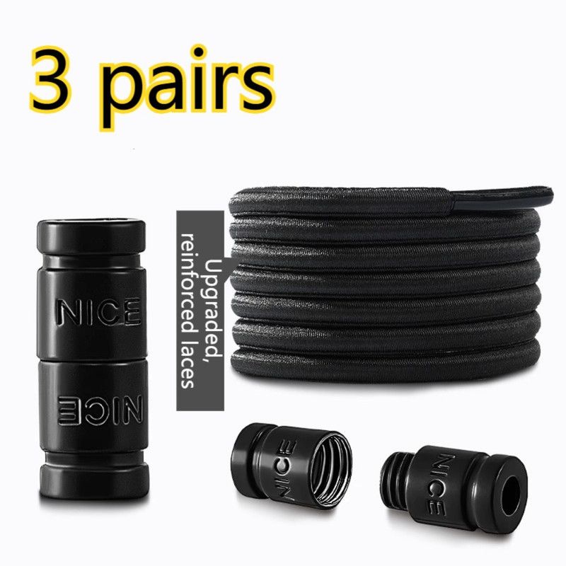 3 pairs Capsule Lock Elastic No-Tie Shoelaces, Lazy Stretch Shoe Laces for Kids, Adults, Sneakers, and Boots - Black