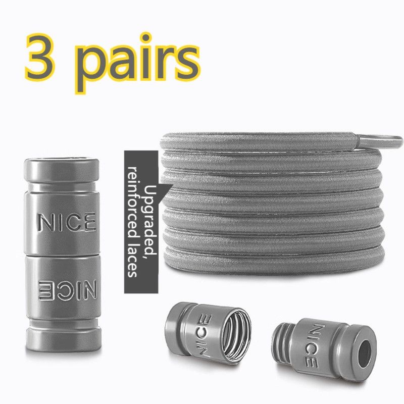 3 pairs Capsule Lock Elastic No-Tie Shoelaces, Lazy Stretch Shoe Laces for Kids, Adults, Sneakers, and Boots - Gray