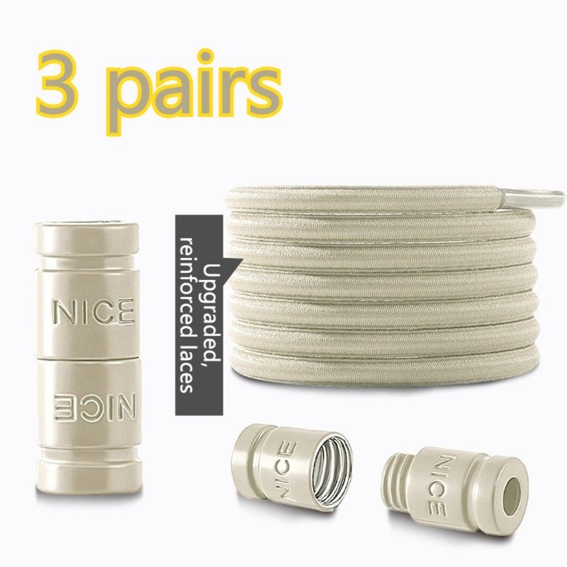 3 pairs Capsule Lock Elastic No-Tie Shoelaces, Lazy Stretch Shoe Laces for Kids, Adults, Sneakers, and Boots - Beige