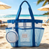 Multi-Pocket Mesh Beach Swim Bag, Dry/Wet Separation, Large Capacity Gym Tote with Bonus Mini Round Mesh Pouch - Blue
