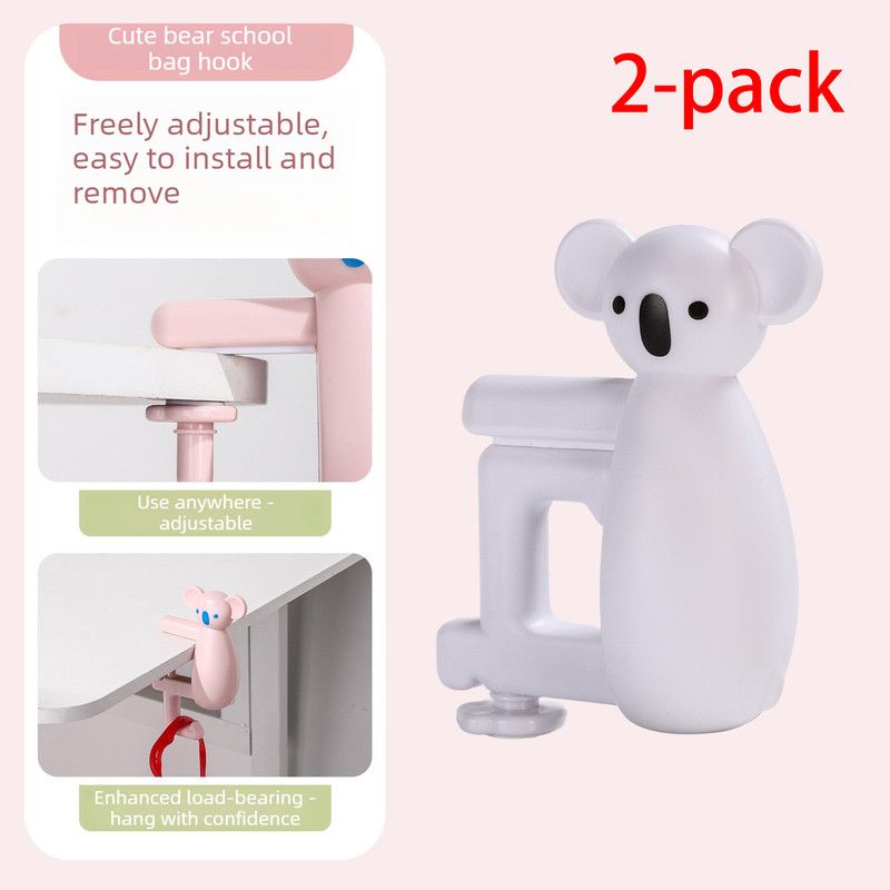2-Pack Koala Desk Hook, Adjustable Glue-Free Table-Side Bag Hanger, Heavy-Duty Portable Backpack Hook for Students—White