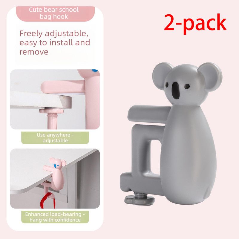 2-Pack Koala Desk Hook, Adjustable Glue-Free Table-Side Bag Hanger, Heavy-Duty Portable Backpack Hook for Students - Gray