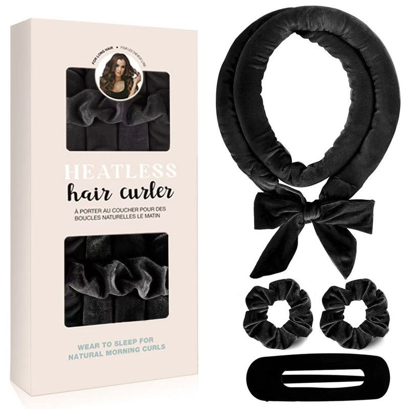 Velvet Heatless Hair Curlers Set, Overnight No-Heat Curling Ribbon with Scrunchies & Hair Clip—Black