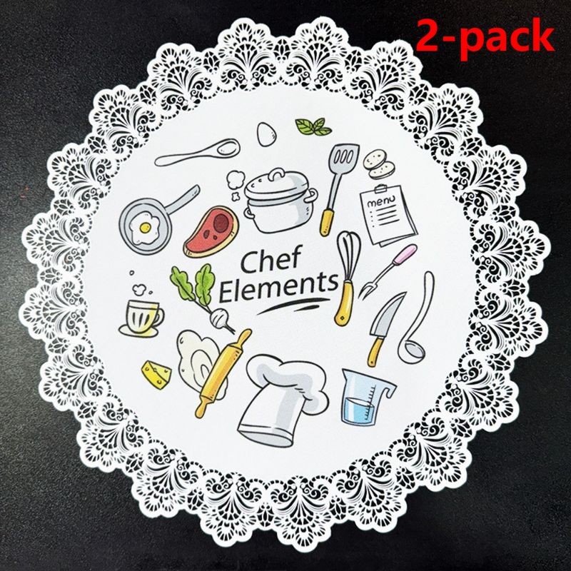 2-Pack Round PVC Lace Coffee-Printed Placemats, Waterproof, Oil-Resistant, Heat-Insulating, Non-Slip Table Mats - Cartoon Design