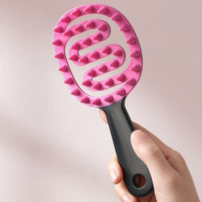 Long-Handle Hollow Hair Shampoo Brush, TPR Soft-Bristle Scalp Massager, Wet & Dry Hair—Black + Pink