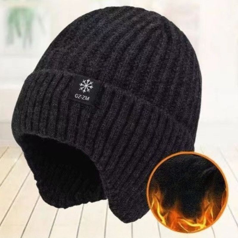 Men's Fleece-Lined Ear Protection Knit Beanie, Warm Thick Winter Hat for Dad or Grandpa—Black
