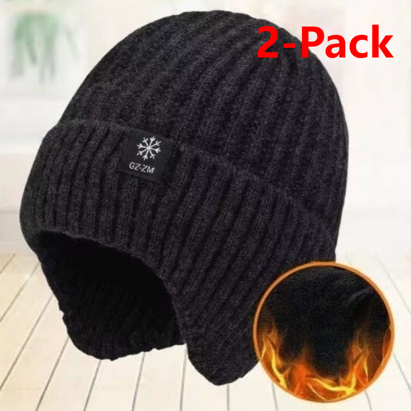 2-Pack—Men's Fleece-Lined Ear Protection Knit Beanie, Warm Thick Winter Hat for Dad or Grandpa—Black