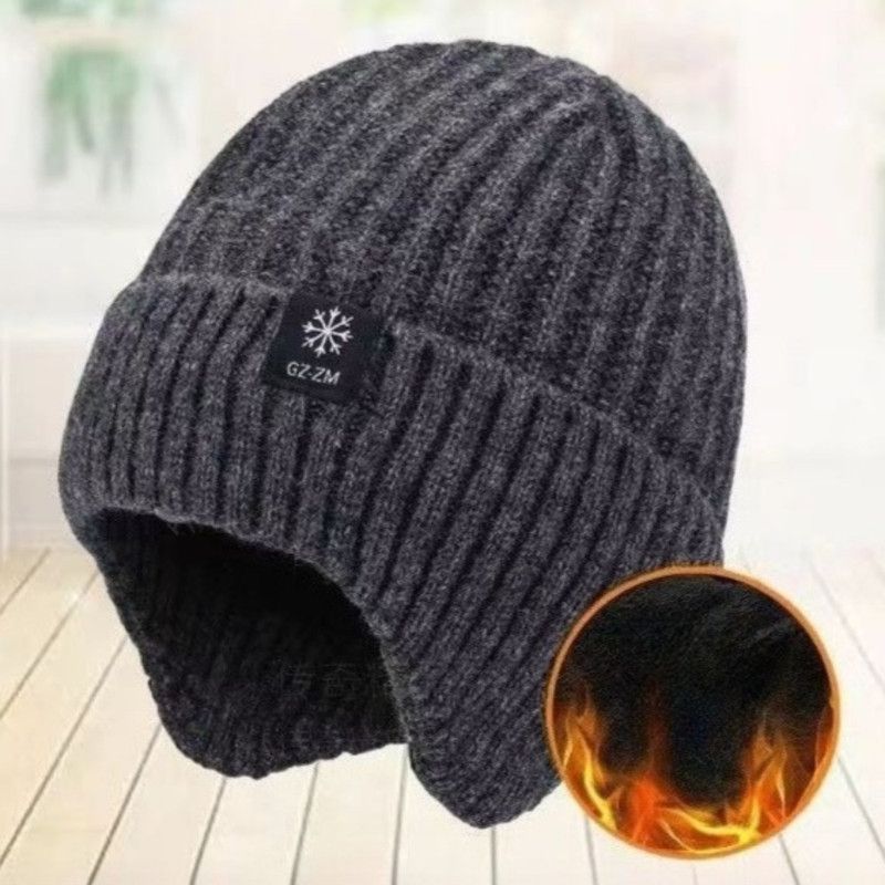 Men's Fleece-Lined Ear Protection Knit Beanie, Warm Thick Winter Hat for Dad or Grandpa—Gray