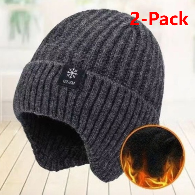 2-Pack - Men's Fleece-Lined Ear Protection Knit Beanie, Warm Thick Winter Hat for Dad or Grandpa - Gray