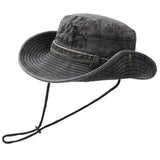 Vintage Washed Embroidered Bucket Hat, Wide-Brimmed Sun Hat with Drawstring for Hiking and Outdoor Activities—Black