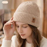 Double Fleece-Lined Vertical Stripe Knit Beanie, Unisex Thick Warm Winter Outdoor Cold-Proof Wool Hat—Beige