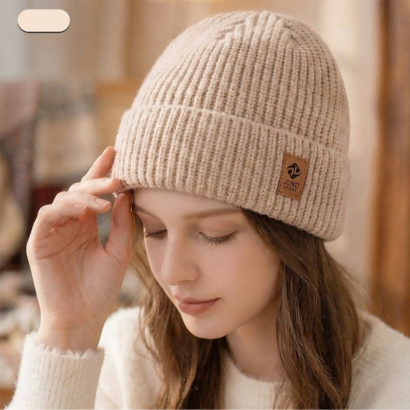 Double Fleece-Lined Vertical Stripe Knit Beanie, Unisex Thick Warm Winter Outdoor Cold-Proof Wool Hat—Beige