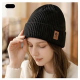 Double Fleece-Lined Vertical Stripe Knit Beanie, Unisex Thick Warm Winter Outdoor Cold-Proof Wool Hat—Black