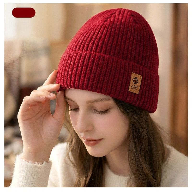 Double Fleece-Lined Vertical Stripe Knit Beanie, Unisex Thick Warm Winter Outdoor Cold-Proof Wool Hat - Red