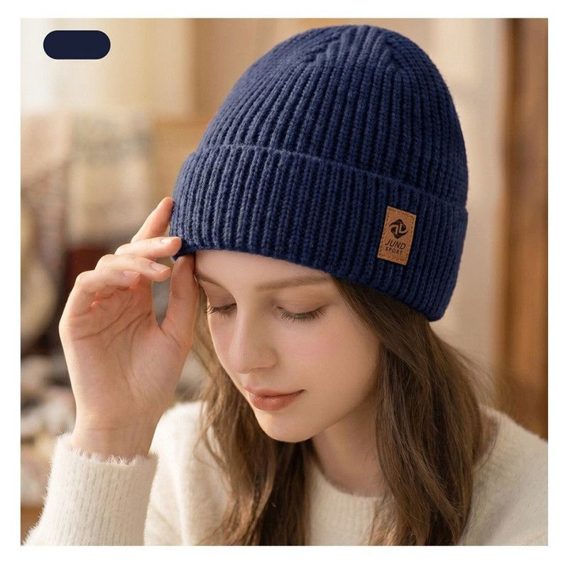 Double Fleece-Lined Vertical Stripe Knit Beanie, Unisex Thick Warm Winter Outdoor Cold-Proof Wool Hat - Navy Blue