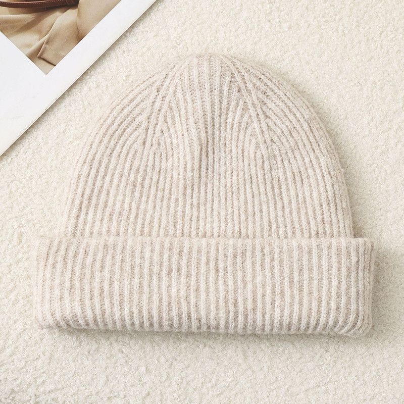 Solid Color Knit Beanie, Unisex Minimal Cuffed Warm Winter Hat with Slim Face Design - Beige