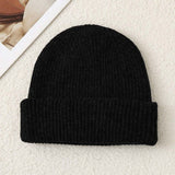 Solid Color Knit Beanie, Unisex Minimal Cuffed Warm Winter Hat with Slim Face Design - Black