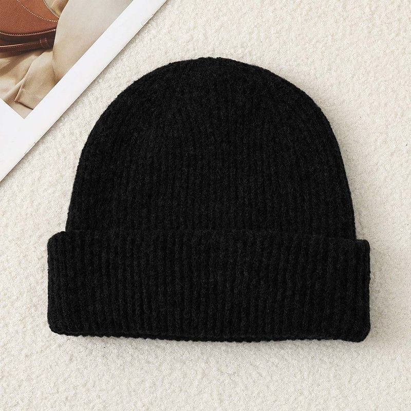 Solid Color Knit Beanie, Unisex Minimal Cuffed Warm Winter Hat with Slim Face Design - Black