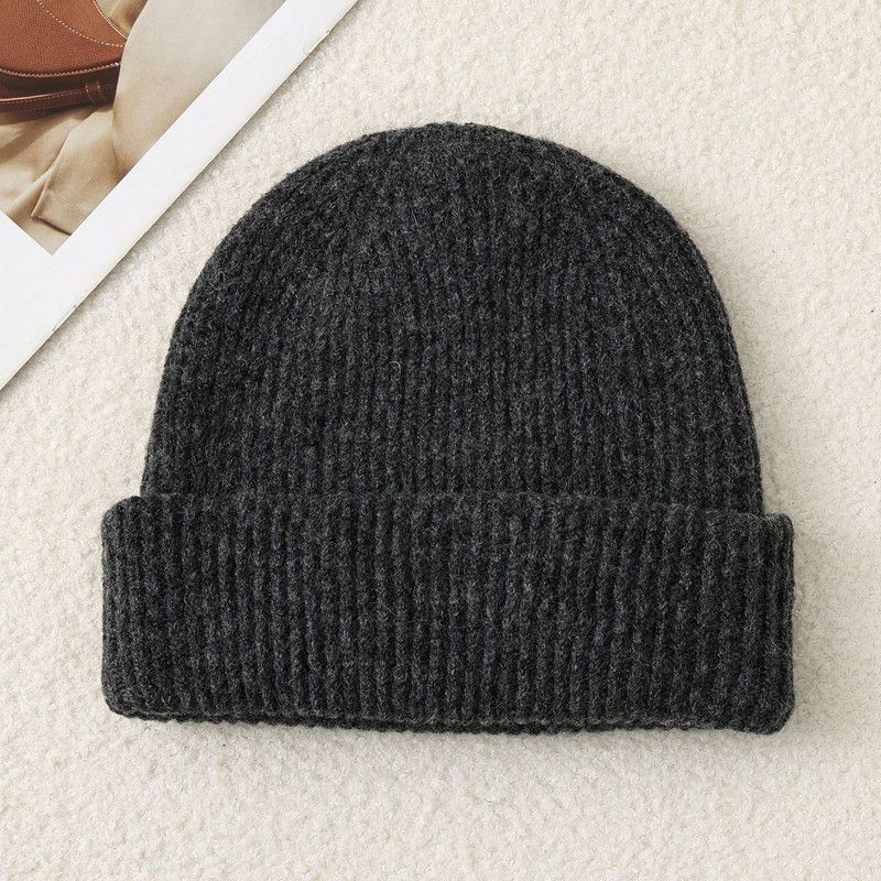 Solid Color Knit Beanie, Unisex Minimal Cuffed Warm Winter Hat with Slim Face Design—Gray