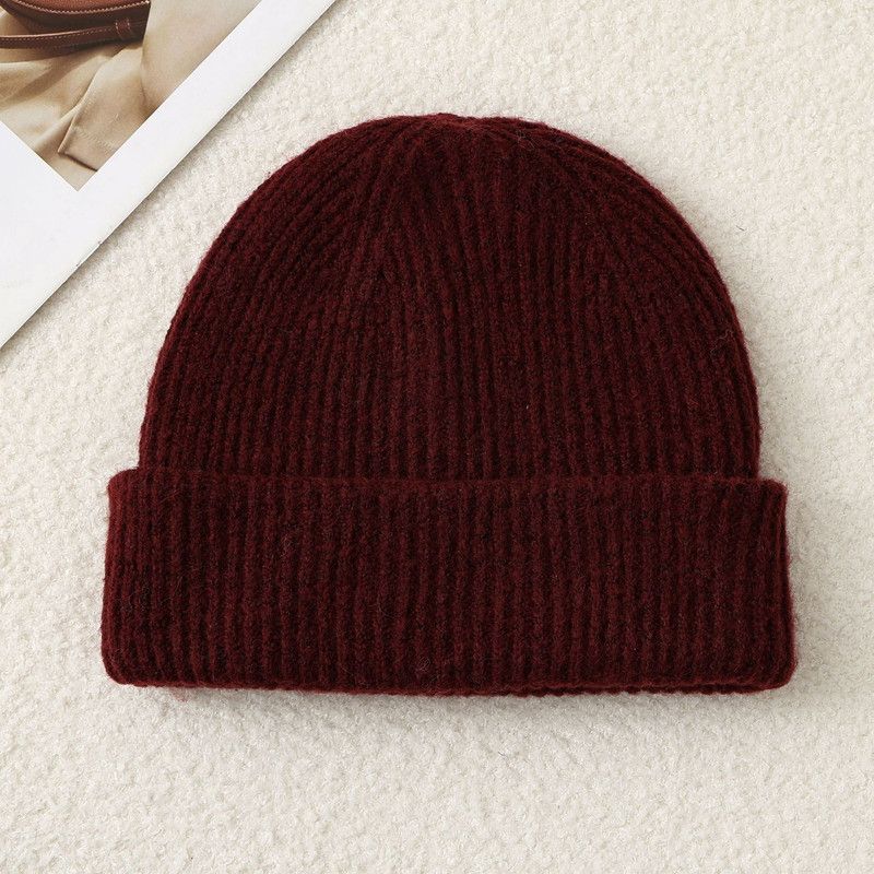 Solid Color Knit Beanie, Unisex Minimal Cuffed Warm Winter Hat with Slim Face Design—Red