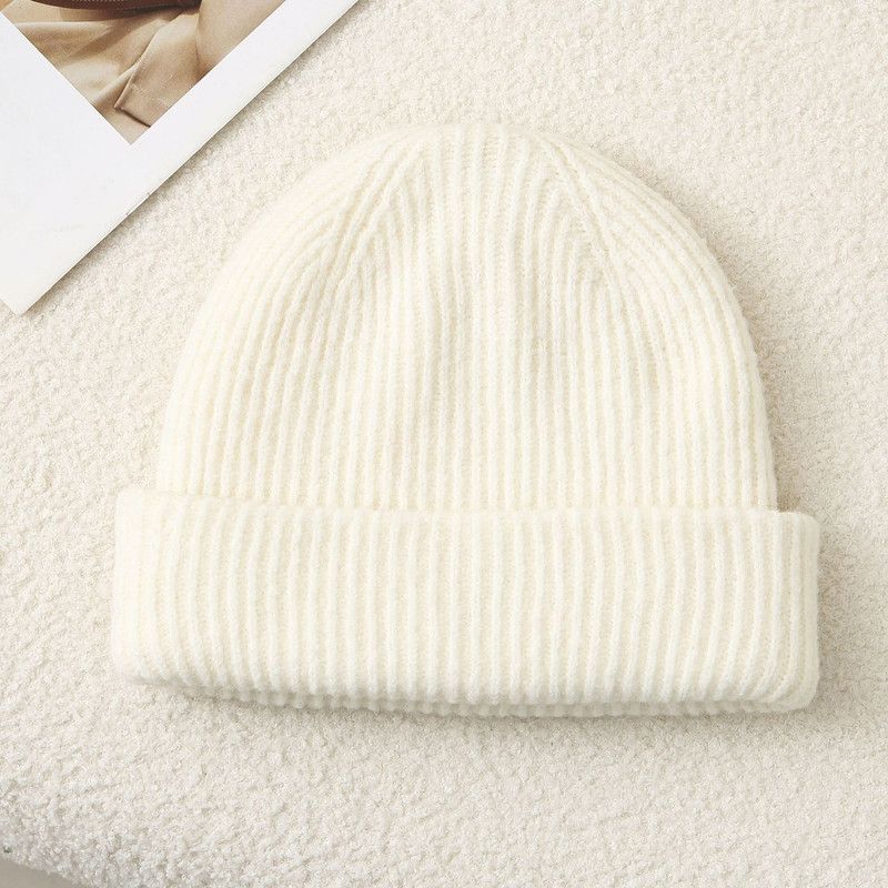 Solid Color Knit Beanie, Unisex Minimal Cuffed Warm Winter Hat with Slim Face Design—White