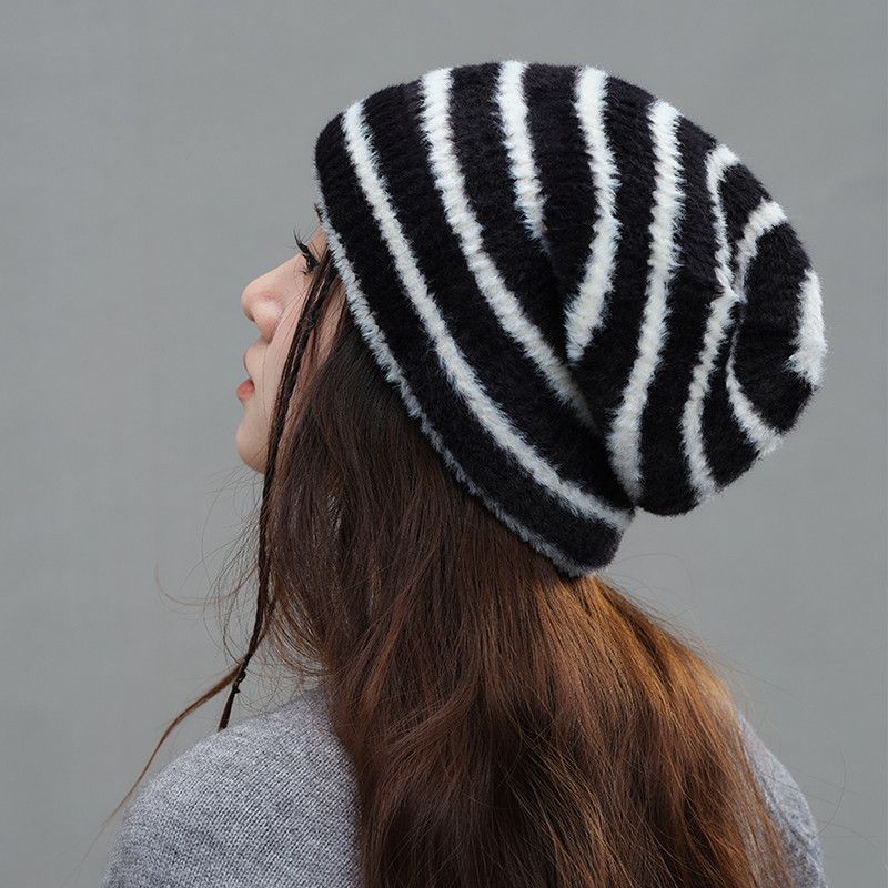 Vintage Stripe Fluffy Knit Beanie, Unisex Slouchy Warm Striped Winter Hat with Slim Face Design—Black
