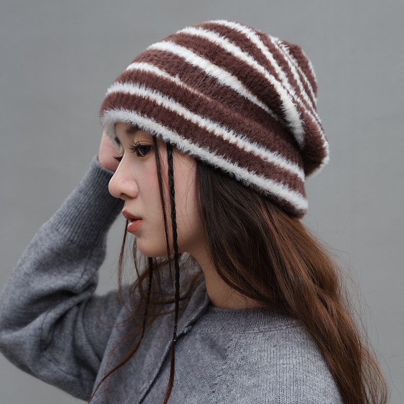 Vintage Stripe Fluffy Knit Beanie, Unisex Slouchy Warm Striped Winter Hat with Slim Face Design - Brown