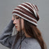 Vintage Stripe Fluffy Knit Beanie, Unisex Slouchy Warm Striped Winter Hat with Slim Face Design - Brown