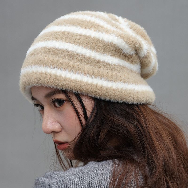 Vintage Stripe Fluffy Knit Beanie, Unisex Slouchy Warm Striped Winter Hat with Slim Face Design—Khaki