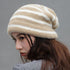 Vintage Stripe Fluffy Knit Beanie, Unisex Slouchy Warm Striped Winter Hat with Slim Face Design—Khaki