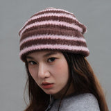 Vintage Stripe Fluffy Knit Beanie, Unisex Slouchy Warm Striped Winter Hat with Slim Face Design - Pink
