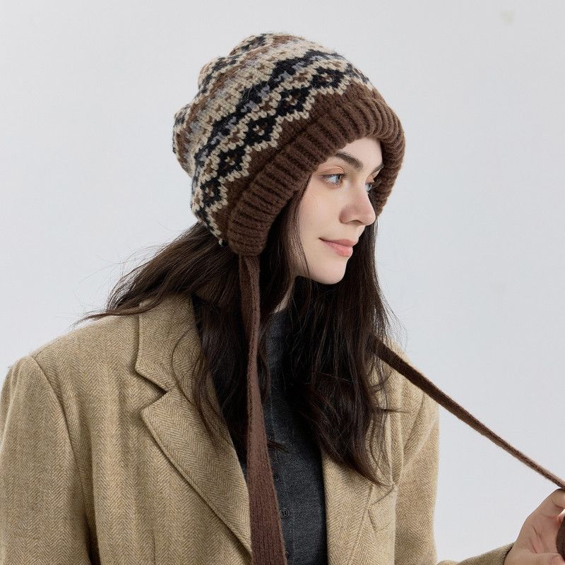 Vintage Ethnic Jacquard Knit Hat with Tie, Warm Winter Slouchy Beanie for Large Head Circumference, Unisex—Black