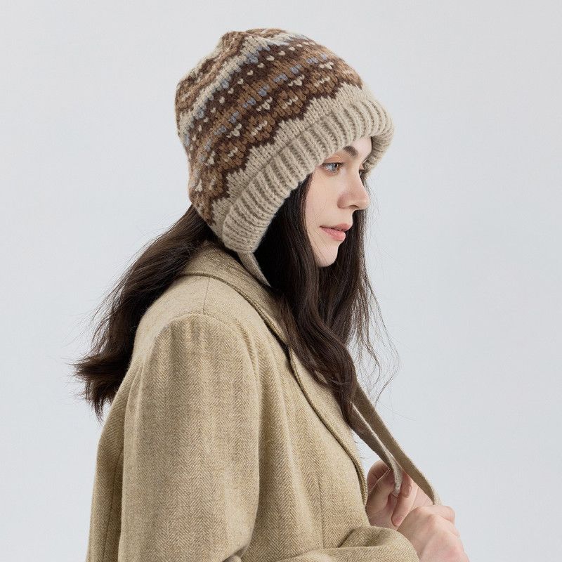 Vintage Ethnic Jacquard Knit Hat with Tie, Warm Winter Slouchy Beanie for Large Head Circumference, Unisex - Brown