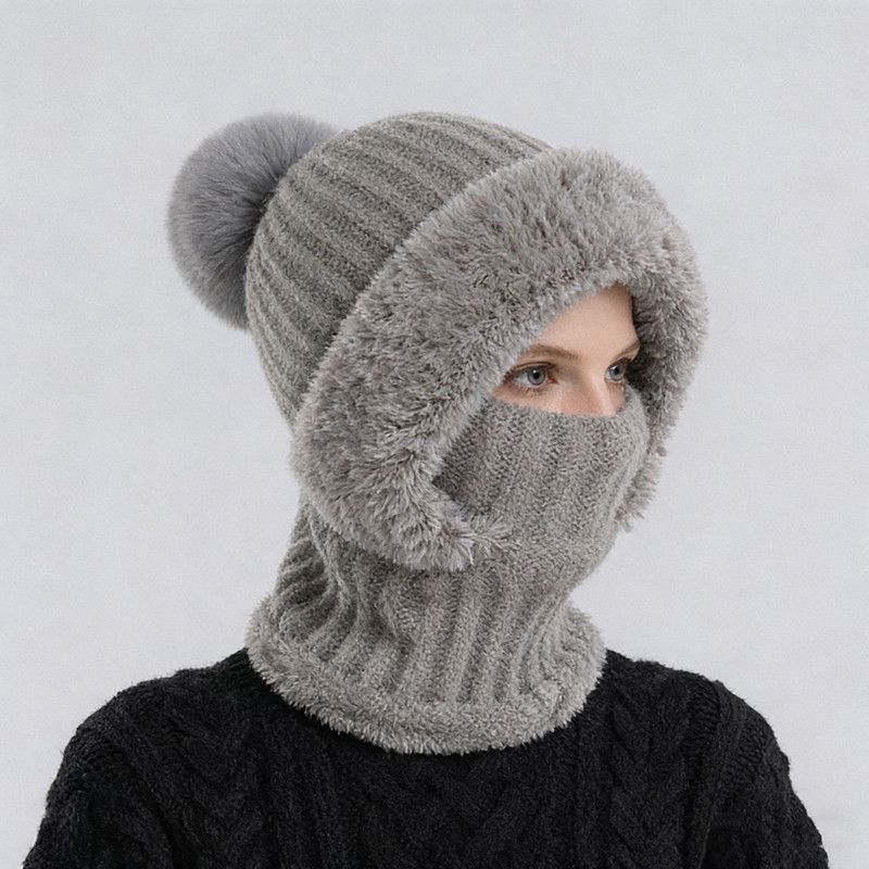 Integrated Knit Hat, Women's Windproof Warm Pom-Pom Hat with Face Cover & Neck Warmer for Winter Cycling - Gray