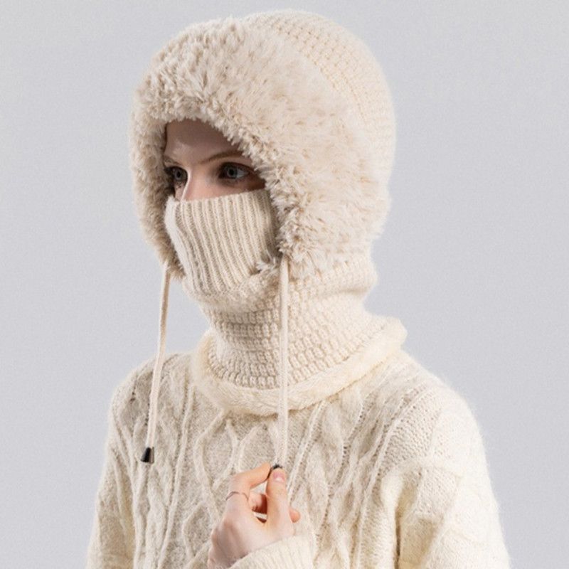 Fleece Ear Protection Integrated Knit Hat, Women's Windproof Balaclava Hat with Face Mask & Neck Warmer - Beige