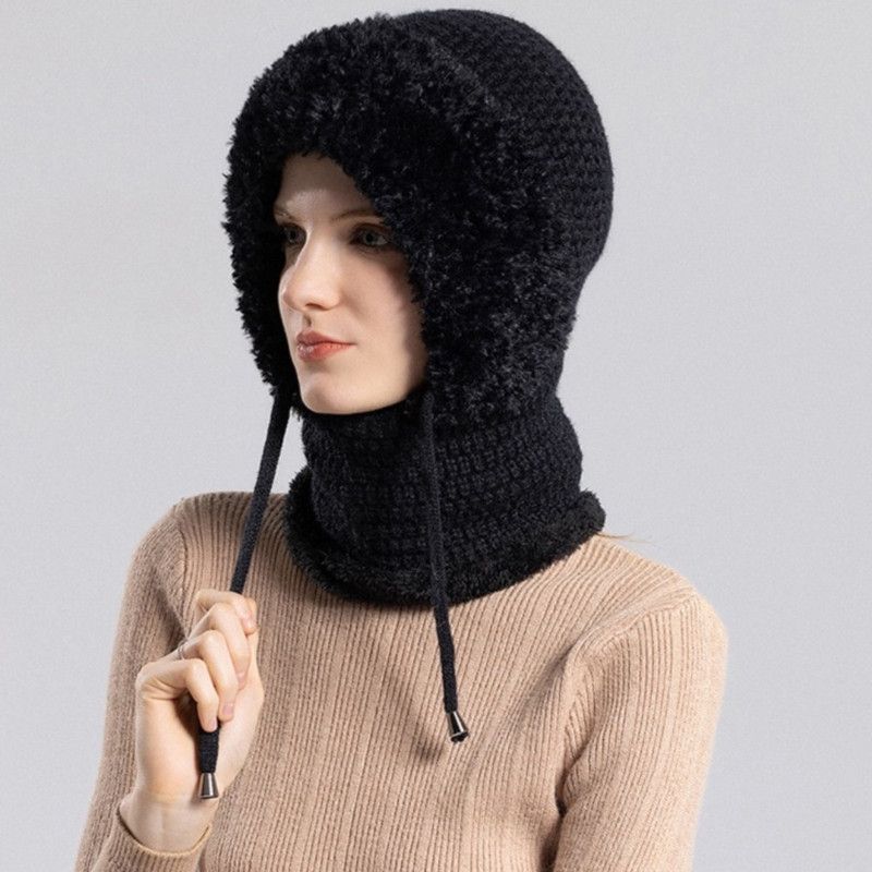 Fleece Ear Protection Integrated Knit Hat, Women's Windproof Balaclava Hat with Face Mask & Neck Warmer - Black