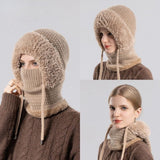 Fleece Ear Protection Integrated Knit Hat, Women's Windproof Balaclava Hat with Face Mask & Neck Warmer - Khaki