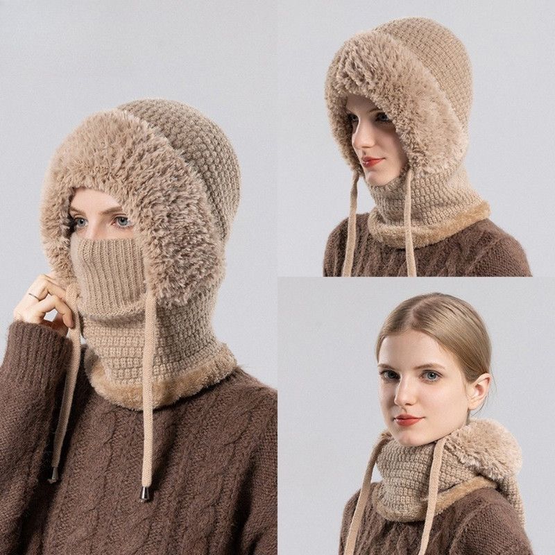 Fleece Ear Protection Integrated Knit Hat, Women's Windproof Balaclava Hat with Face Mask & Neck Warmer - Khaki