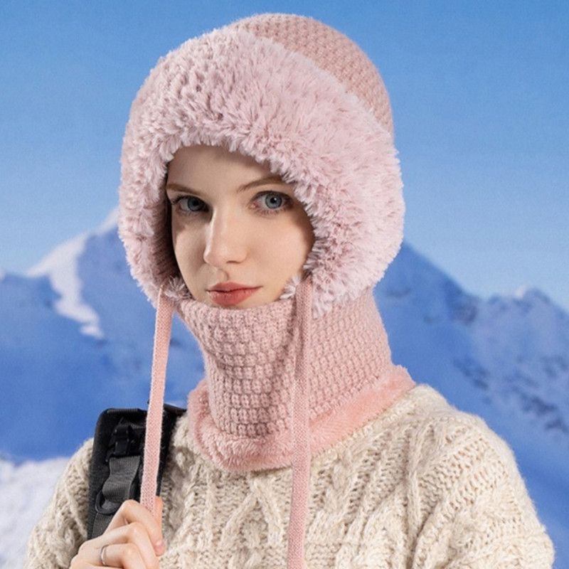 Fleece Ear Protection Integrated Knit Hat, Women's Windproof Balaclava Hat with Face Mask & Neck Warmer—Pink